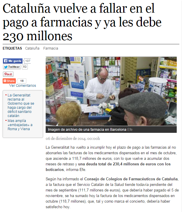 Cataluña vuelve a fallar en el pago a farmacias y ya les debe 230 millones   La Razón digital