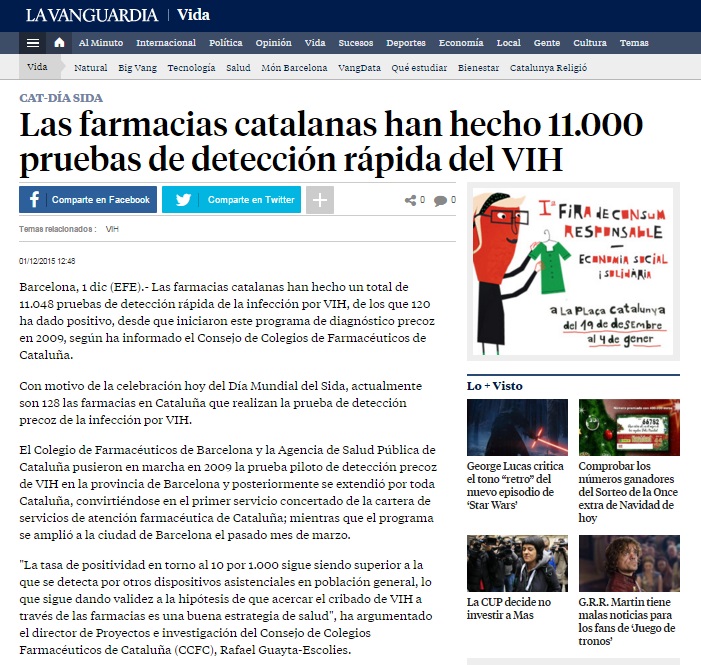 VIH LA VANGUARDIA Las farmacias catalanas han hecho 11.000 pruebas de detección rápida del VIH