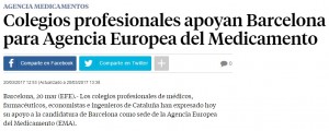 Notícia de La Vanguardia explicant el recolzament de diferents col·legis professionals perquè Barcelona sigui la seu de l'EMA