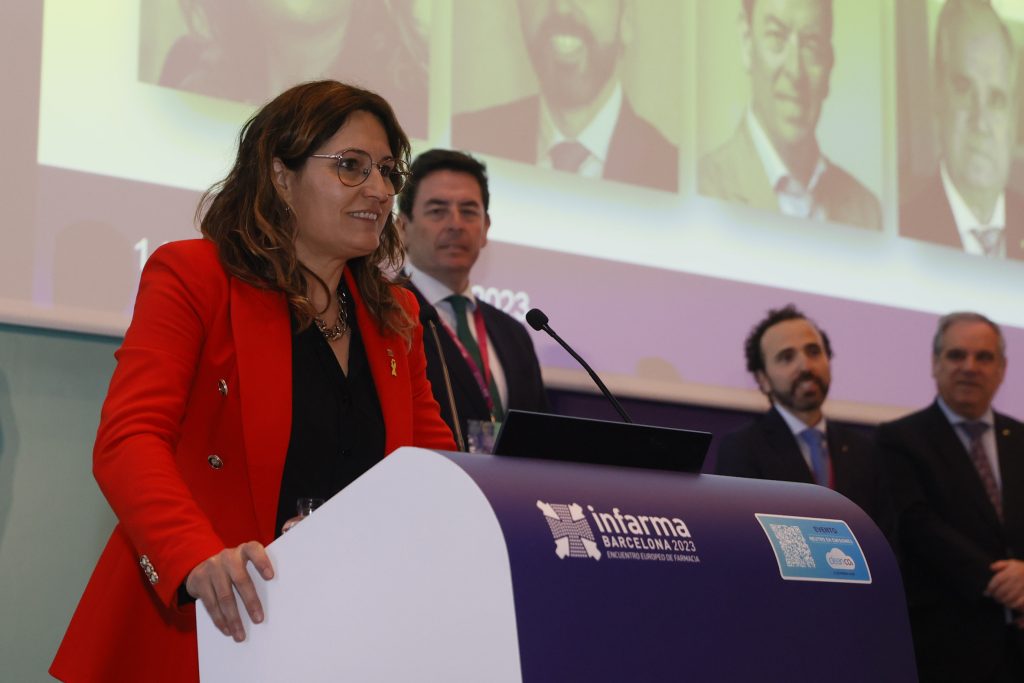 La consellera de la Presidència de la Generalitat de Catalunya, Laura Vilagrà, durant la inauguració d'Infarma Barcelona 2023.